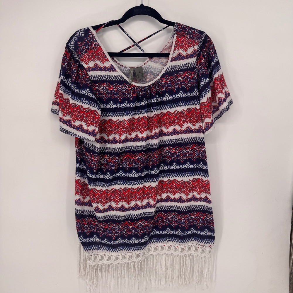 New Directions Weekend Top Womens 1X Red Blue Boho Fringe Tribal Print Americana